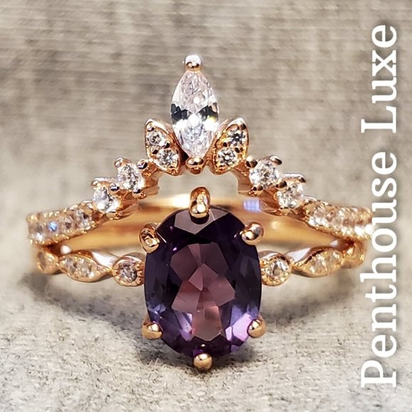 REAL Alexandrite Oval Cut 925 Rose Gold Ring Set - Picture 2 of 6